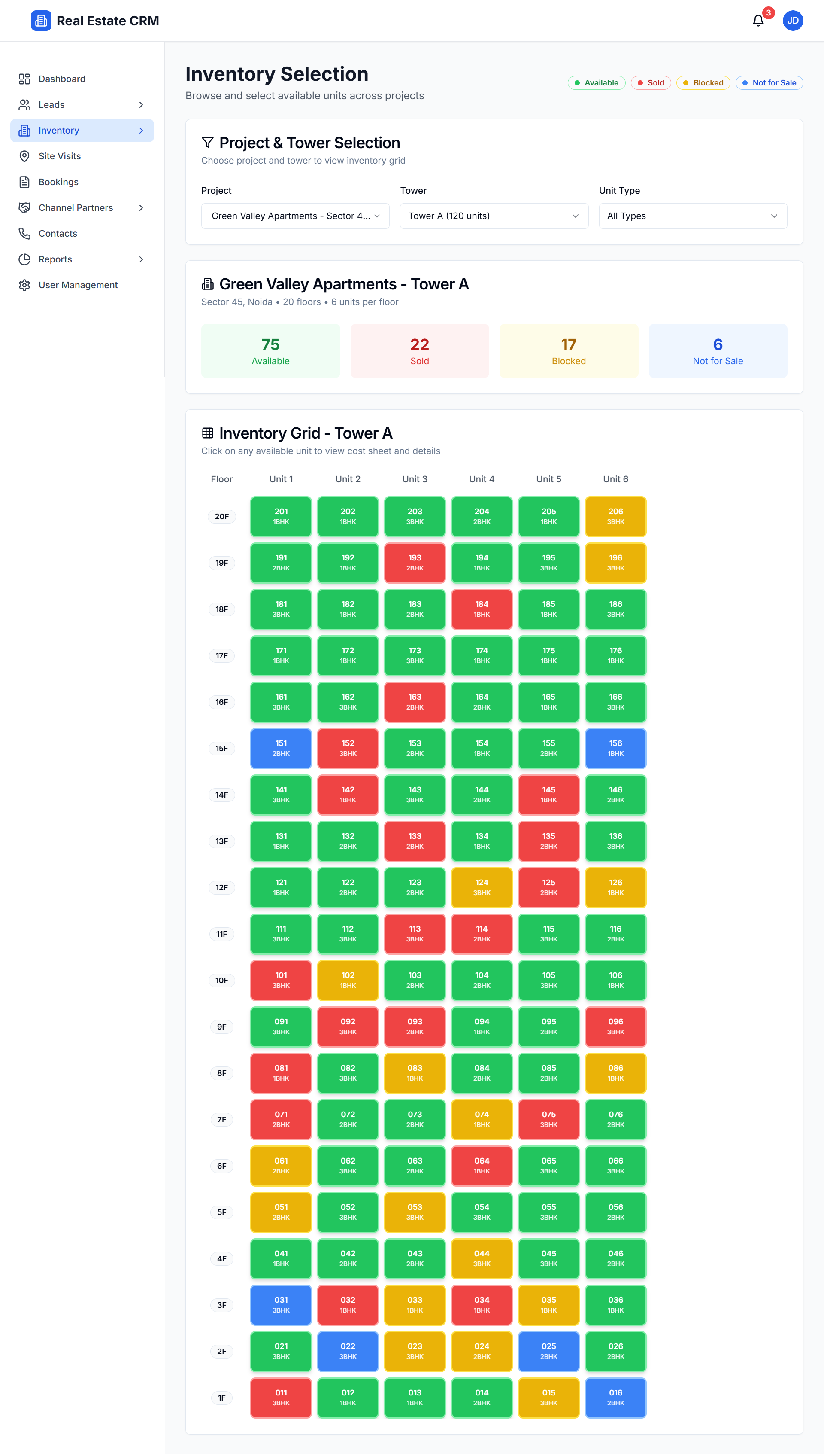 PropIQ Inventory Management - Real-time project inventory tracking with unit availability, pricing, and booking status management.